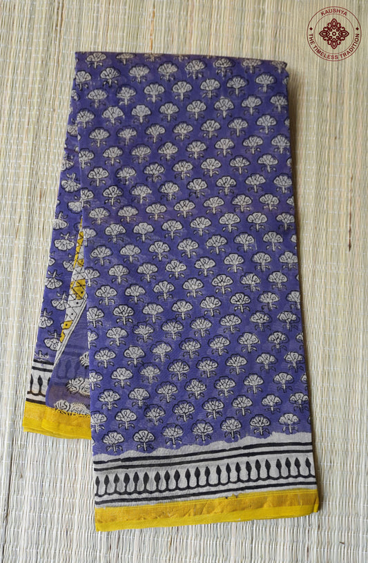 Purple Block Printed Chanderi Cotton Saree With Floral Motifs