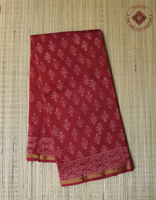 Red Block Printed Chanderi Cotton Saree