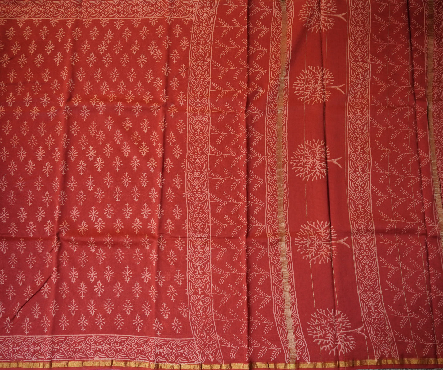Red Block Printed Chanderi Cotton Saree