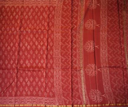 Red Block Printed Chanderi Cotton Saree