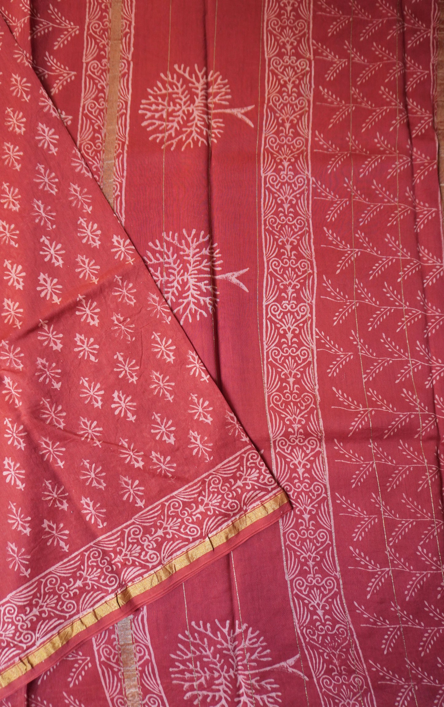 Red Block Printed Chanderi Cotton Saree