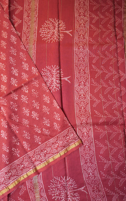 Red Block Printed Chanderi Cotton Saree
