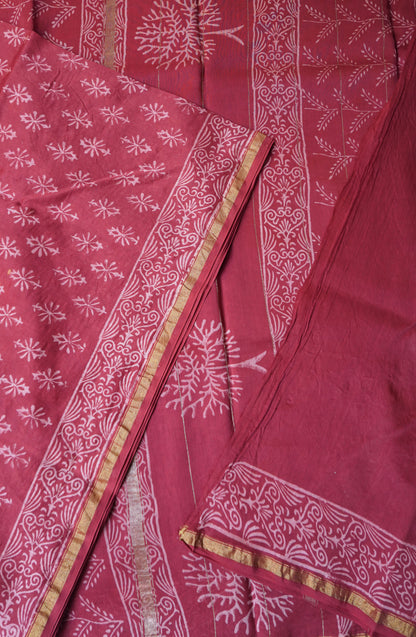 Red Block Printed Chanderi Cotton Saree