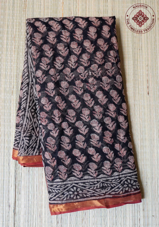 Classic Black Kota Doria Saree with Handblock Flower Prints
