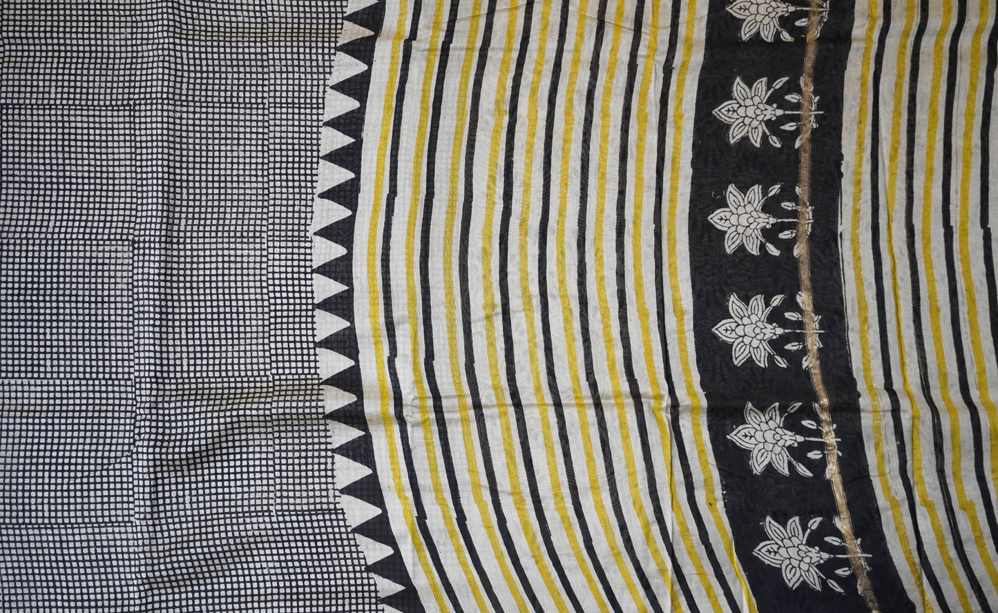 Black and Cream Checks Block Printed Chanderi Cotton Saree