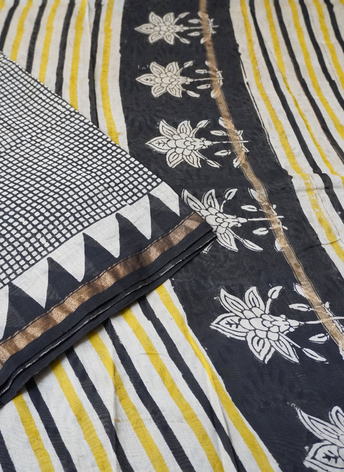 Black and Cream Checks Block Printed Chanderi Cotton Saree