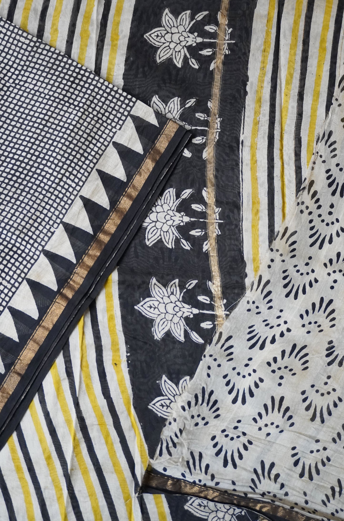 Black and Cream Checks Block Printed Chanderi Cotton Saree