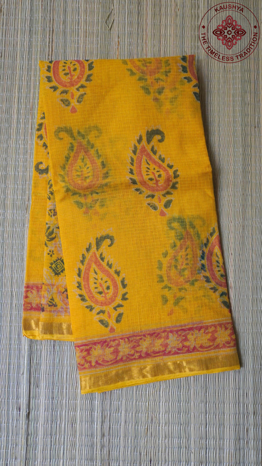 Mustard Yellow Kota Doria Saree with Handblock Paisley Motifs