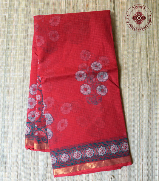 Red Kota Doria Saree with Handblock Floral Bunch and Contrast Woven Border