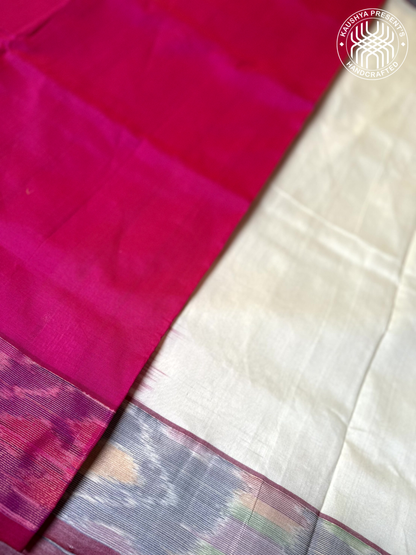 Magenta Pink & Off-White Handloom Venkatagiri Silk Cotton Saree  with Zari Pochampally Border