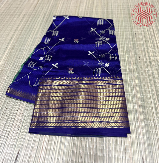 Royal Blue & Bottle Green Handloom Mangalagiri Silk Cotton Saree