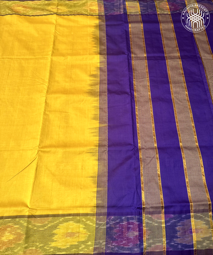 Yellow & Royal Purple Handloom Venkatagiri Silk Cotton Saree  with Zari Pochampally Border