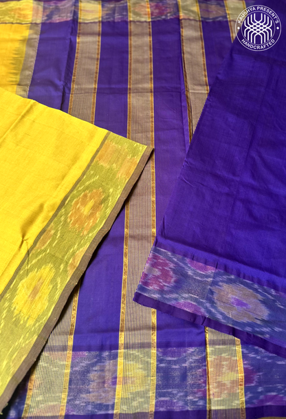 Yellow & Royal Purple Handloom Venkatagiri Silk Cotton Saree  with Zari Pochampally Border
