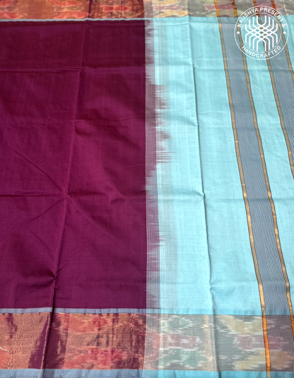 Sky Blue & Purple Handloom Venkatagiri Silk Cotton Saree  with Zari Pochampally Border