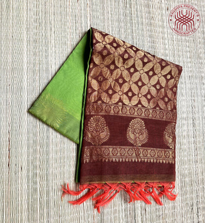 Lime Green & Brown Kanchi Soft Silk Cotton Saree