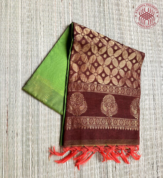 Lime Green & Brown Kanchi Soft Silk Cotton Saree