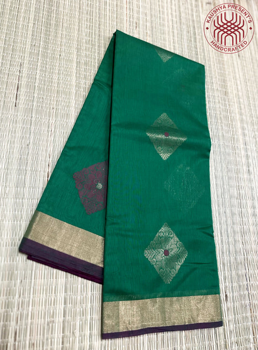 Dark Green Kanchi Soft Silk Cotton Saree with Purple Edging