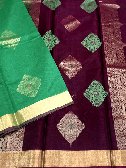 Dark Green Kanchi Soft Silk Cotton Saree with Purple Edging