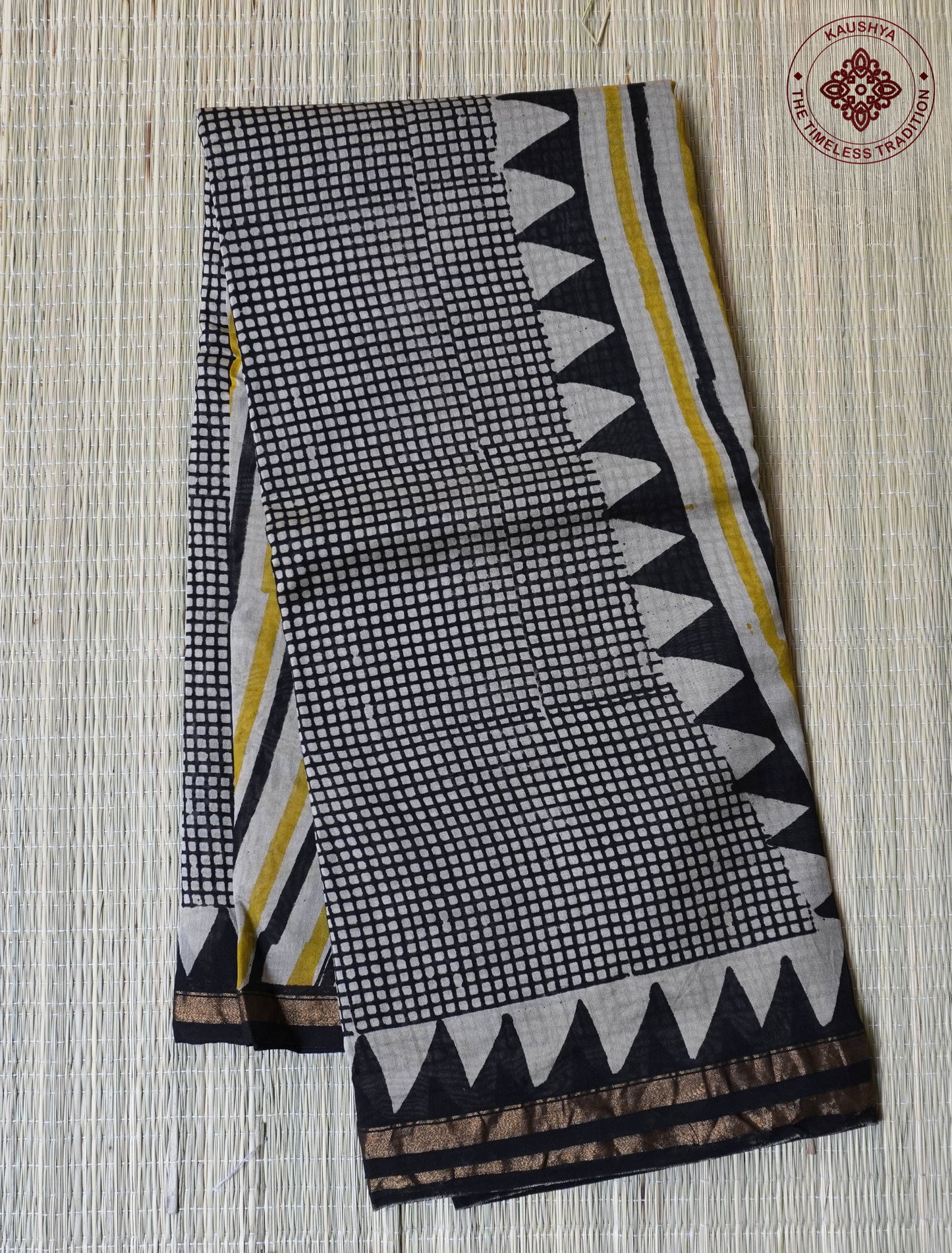 Black and Cream Checks Block Printed Chanderi Cotton Saree