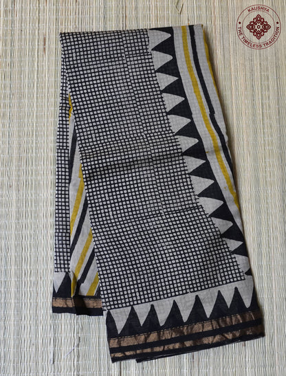 Black and Cream Checks Block Printed Chanderi Cotton Saree