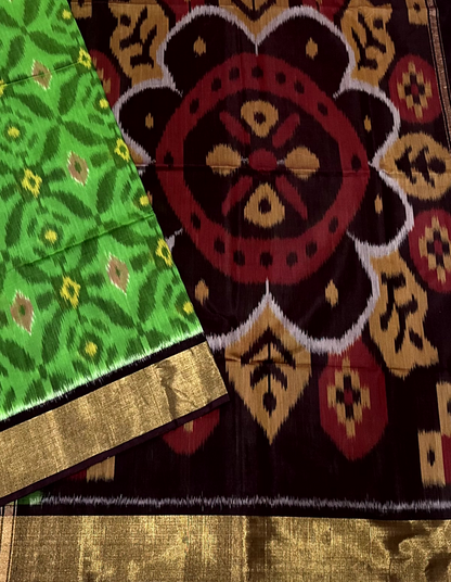 Green & Brown Pochampally Ikat Silk Cotton Saree