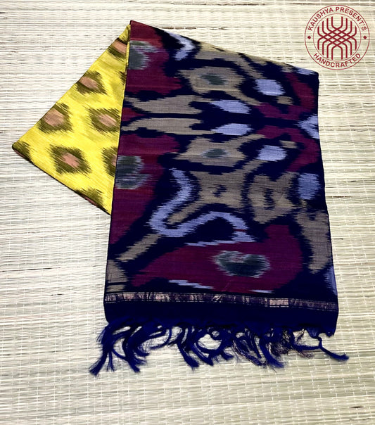 Yellow & Navy Blue Pochampally Ikat Silk Cotton Saree