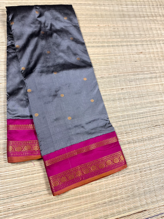 Grey Pure Silk Gadwal Saree With Rani Pink Radha Rani Border