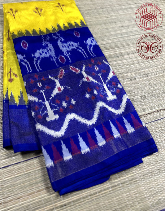 Yellow & Navy Pochampally Pure Silk Saree