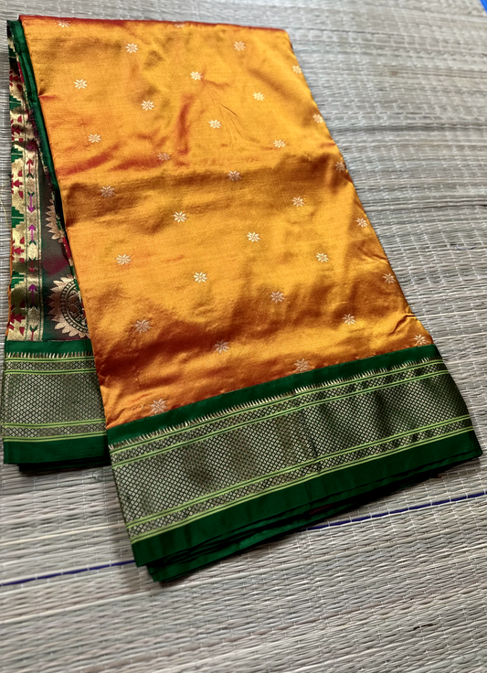 Orange Pure Silk Gadwal Paithani Saree with Green Border
