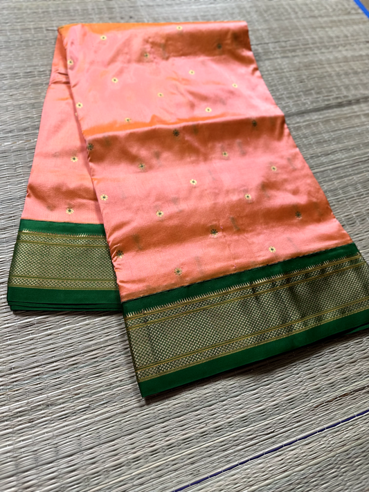 Coral Pure Silk Gadwal Paithani Saree with Green Border