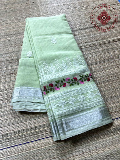 Green Kota Doria Saree with White Floral Hand Embroidery