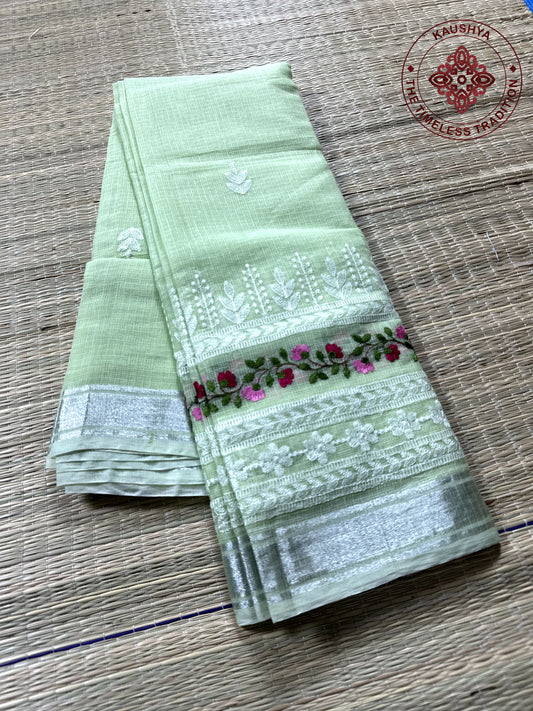 Green Kota Doria Saree with White Floral Hand Embroidery