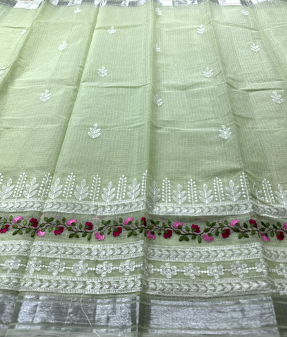 Green Kota Doria Saree with White Floral Hand Embroidery