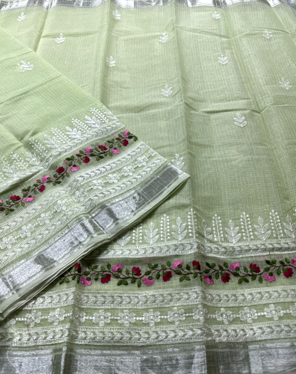 Green Kota Doria Saree with White Floral Hand Embroidery