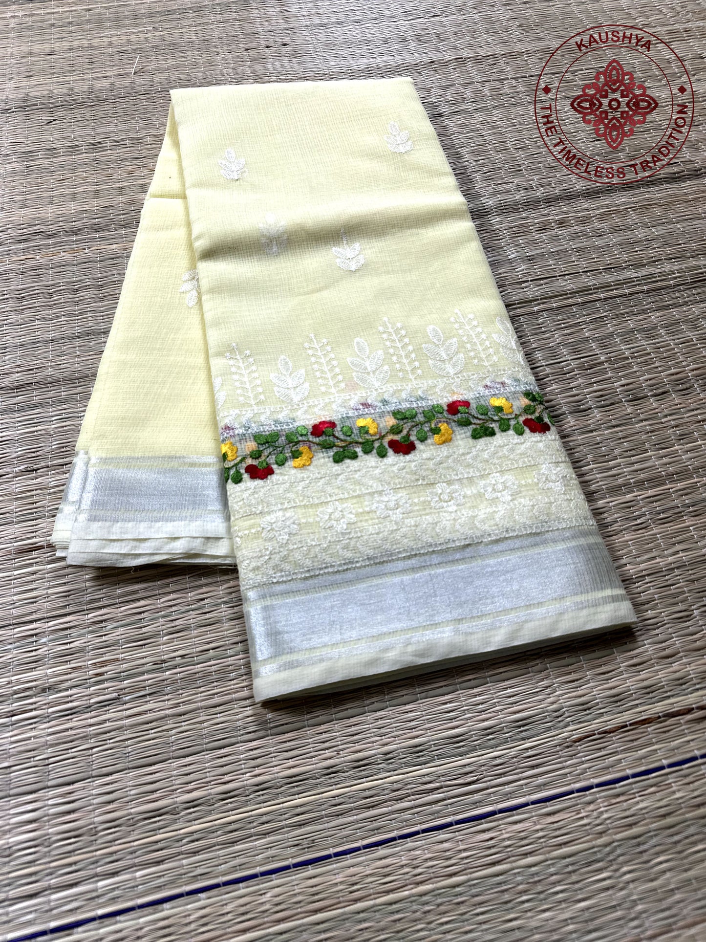 Yellow Kota Doria Saree with White Floral Hand Embroidery