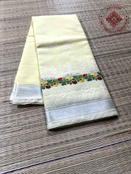 Yellow Kota Doria Saree with White Floral Hand Embroidery