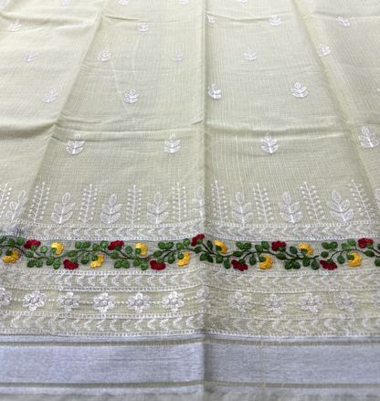 Yellow Kota Doria Saree with White Floral Hand Embroidery