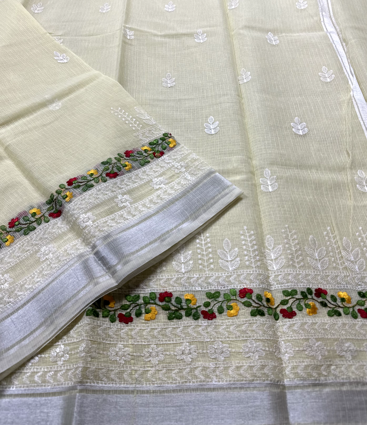Yellow Kota Doria Saree with White Floral Hand Embroidery
