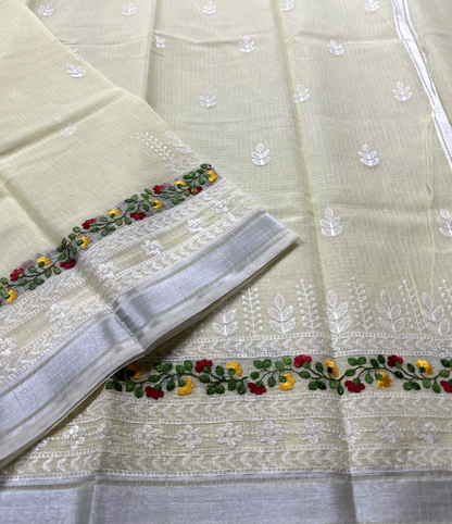 Yellow Kota Doria Saree with White Floral Hand Embroidery
