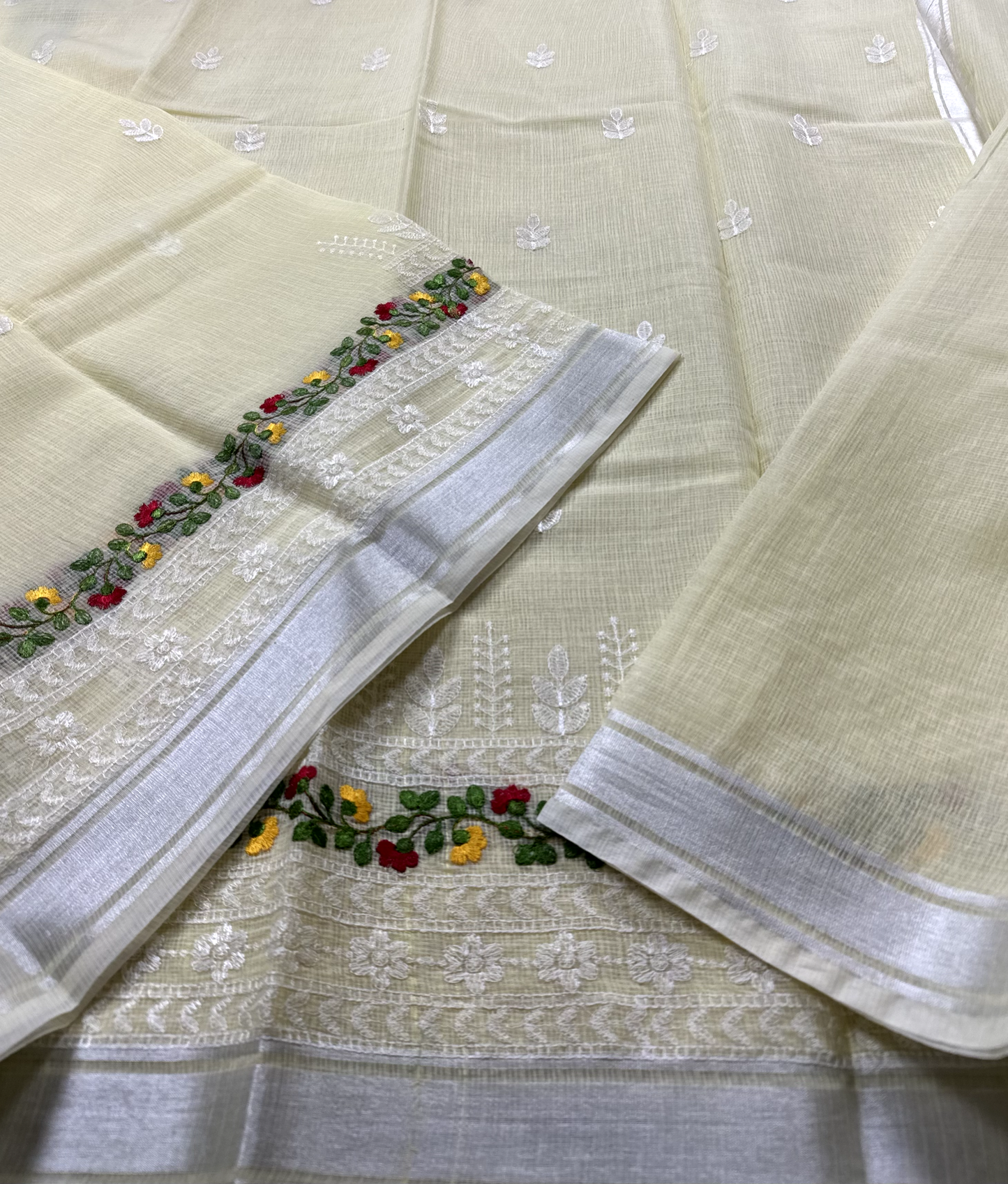 Yellow Kota Doria Saree with White Floral Hand Embroidery