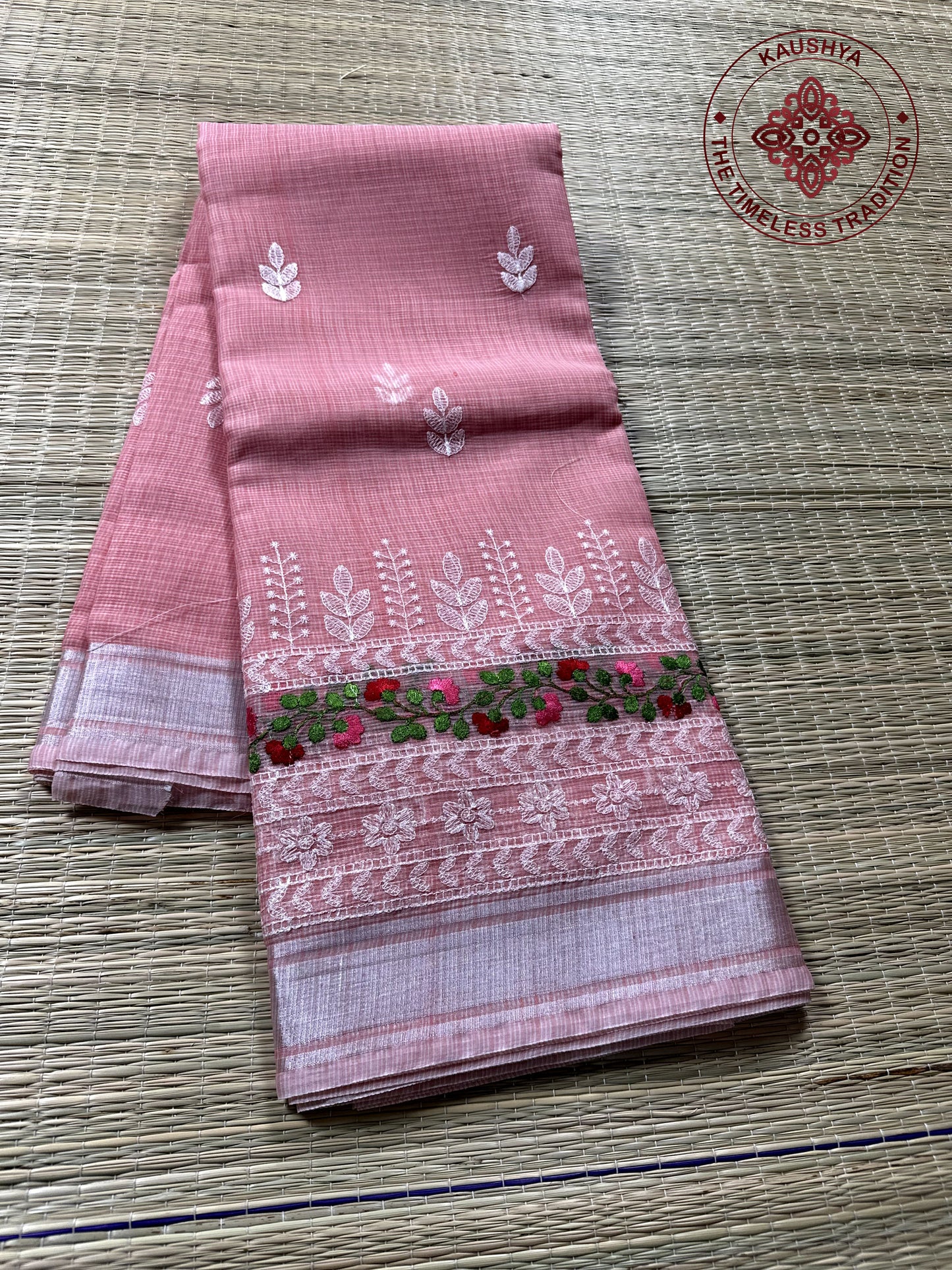 Pink Kota Doria Saree with White Floral Hand Embroidery