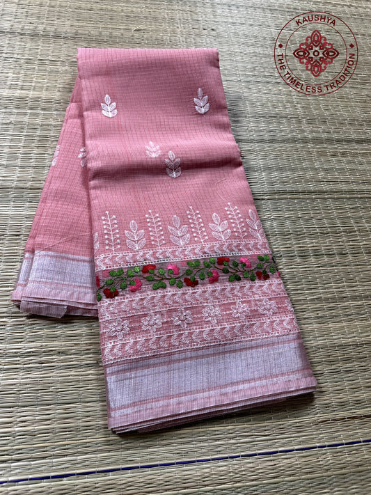 Pink Kota Doria Saree with White Floral Hand Embroidery