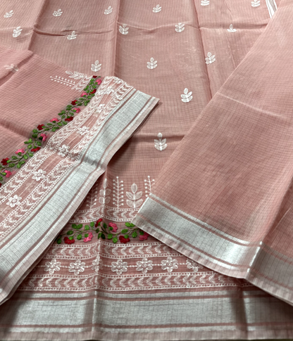 Pink Kota Doria Saree with White Floral Hand Embroidery