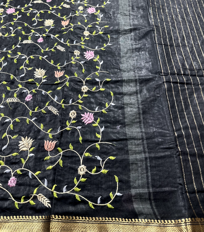 Black Linen Embroidery Saree