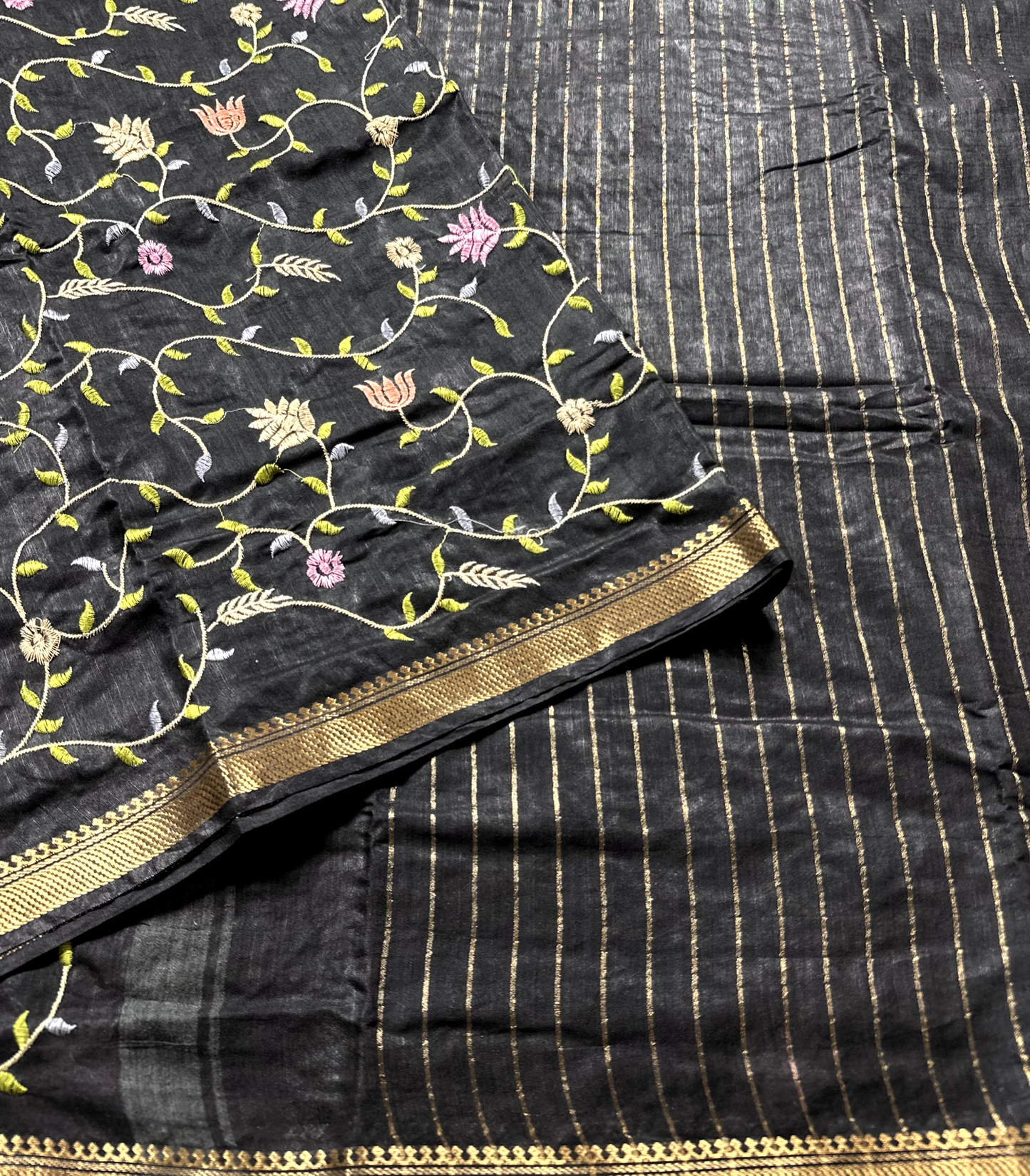 Black Linen Embroidery Saree