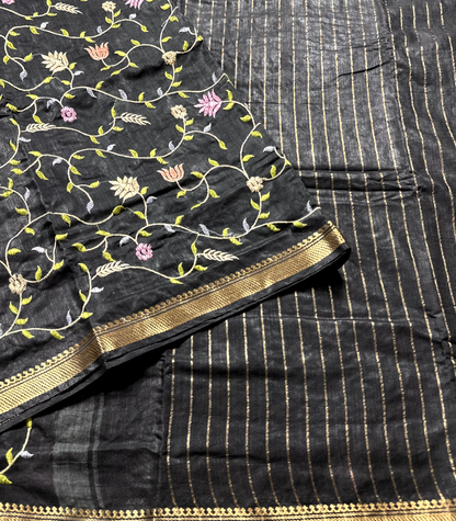 Black Linen Embroidery Saree