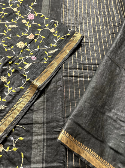 Black Linen Embroidery Saree