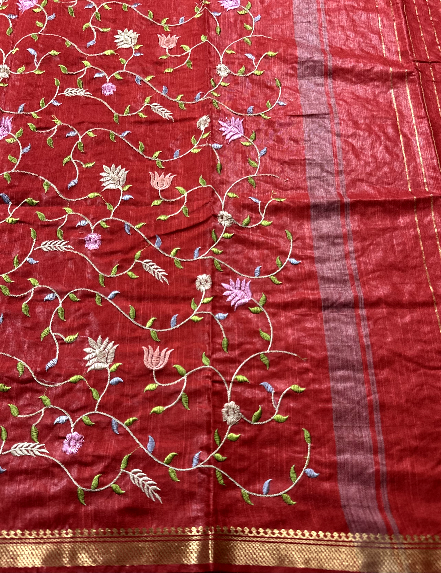 Red Linen Embroidery Saree