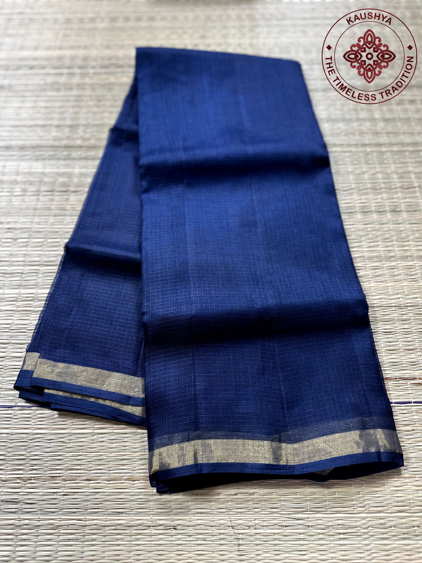 Dark Blue Kota Doria Silk Saree with Gold Border