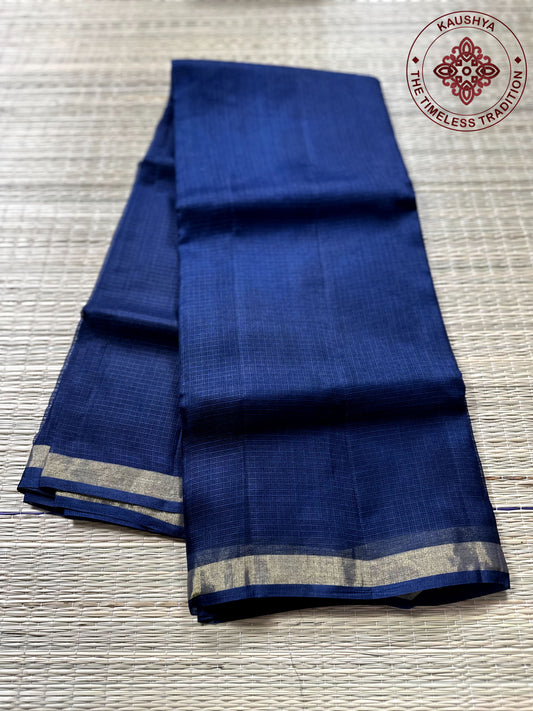 Dark Blue Kota Doria Silk Saree with Gold Border